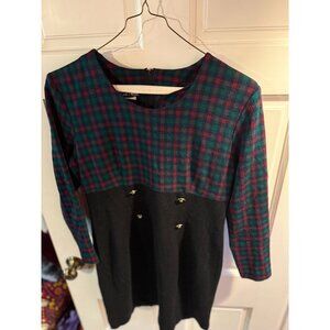 VTG 90s My Michelle Plaid + Black with Brass Buttons L/S Knee Length Round Neck